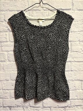 Talbots Black and White Floral Dot Peplum  Knot Top Small